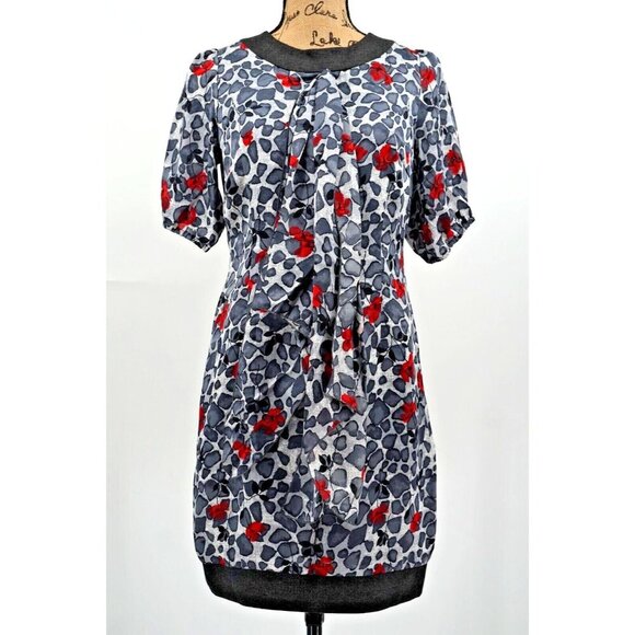 Trina Turk Dress Women 4 Red Gray‎ Printed Lined Attached Sash Bow Wool Trim - Picture 1 of 10